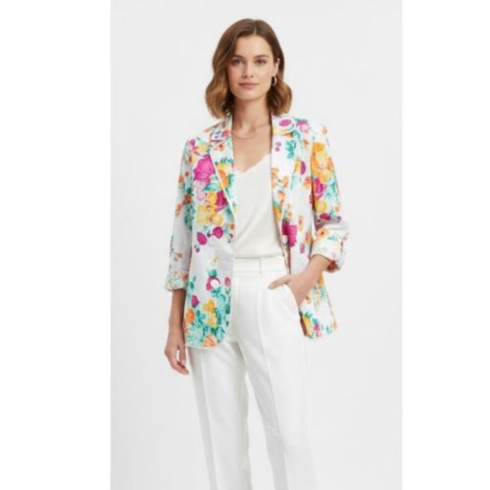 FOCUS 2000 white floral button down jacket 3/4 sleeves size 12